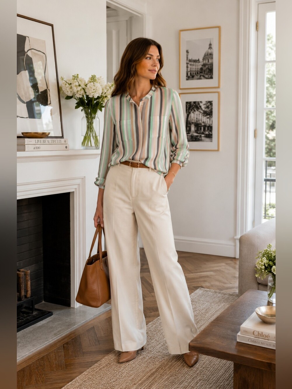 JOIE 100% SILK Hidden ButtonUp Long Sleeve Stripe Shirt Pockets J557-24230 SMALL